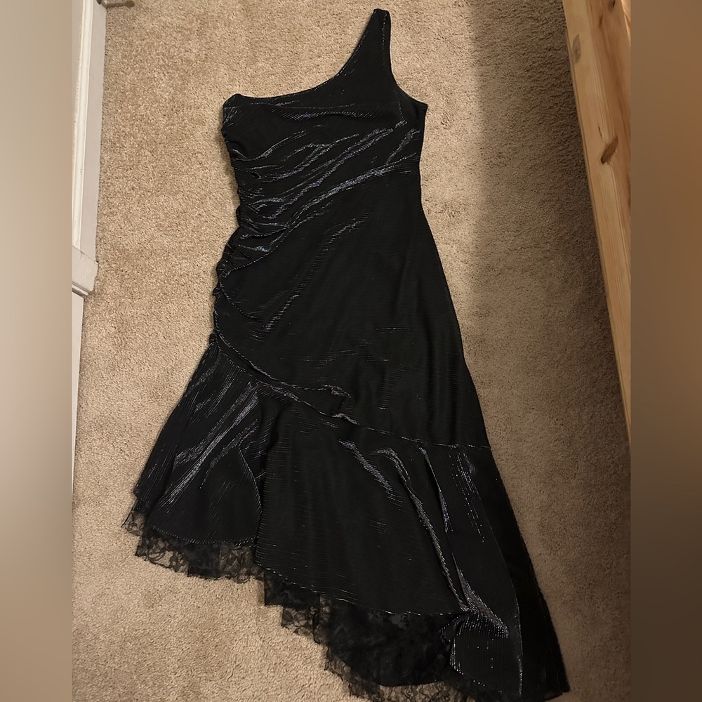 Vintage Metallic 1 shoulder, hi/low party dress